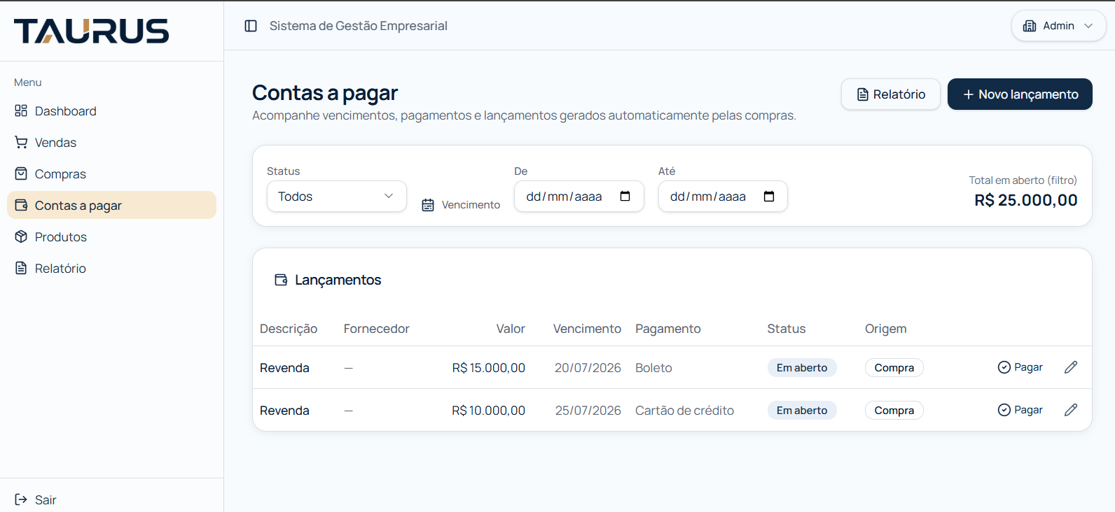 Tela de contas a pagar do TAURUS com filtros, vencimentos e status