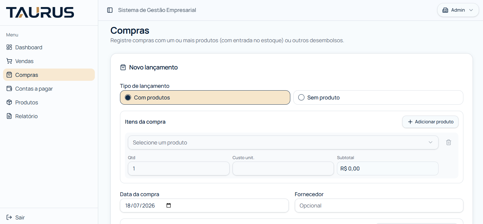 Tela do TAURUS para lançar uma compra com múltiplos produtos