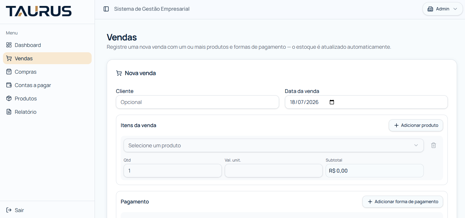 Tela do TAURUS para registrar uma nova venda com vários produtos e pagamentos